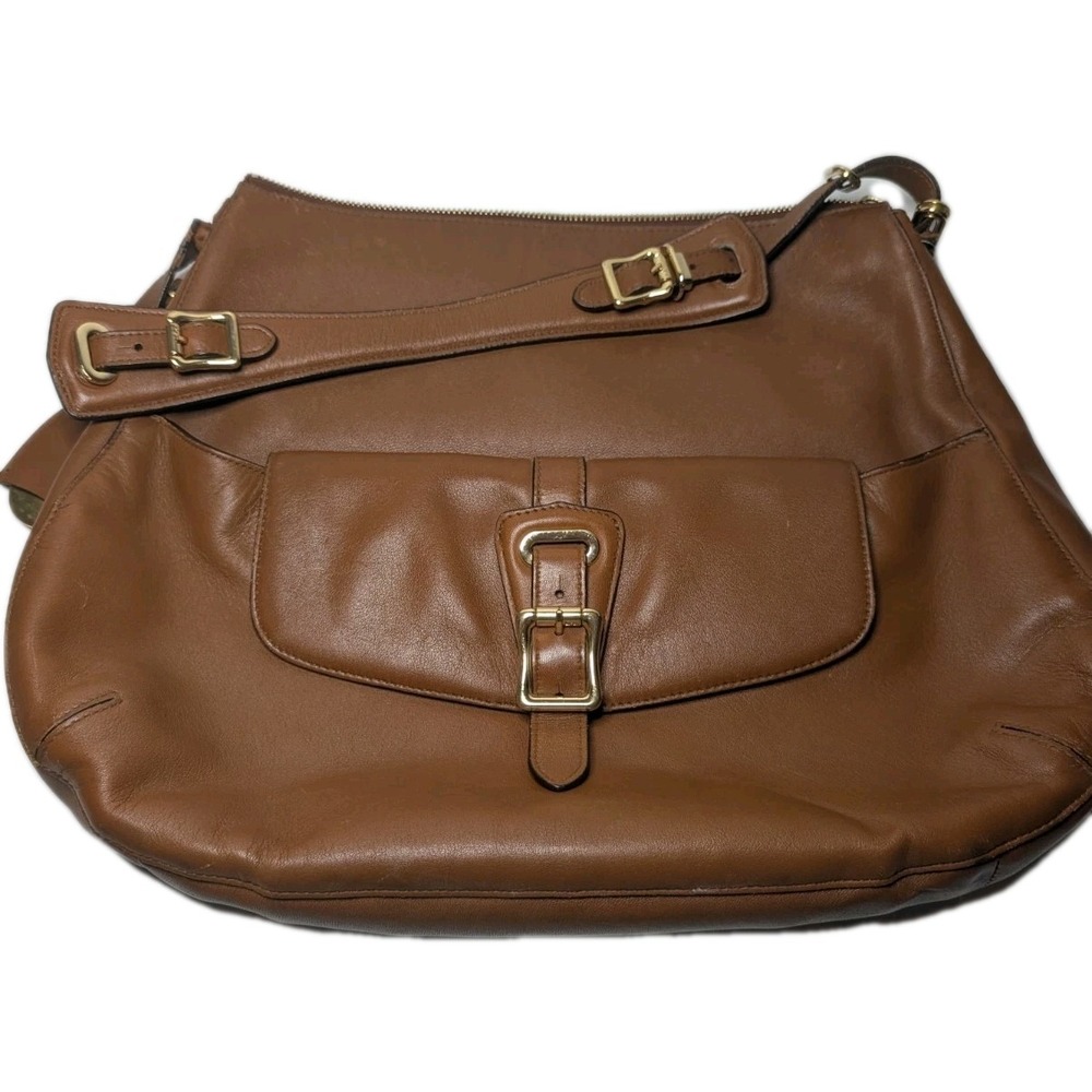 Lauren Ralph Lauren RLL Cognac Leather Hobo Shoulder Bag Gold Hardware Dust Bag